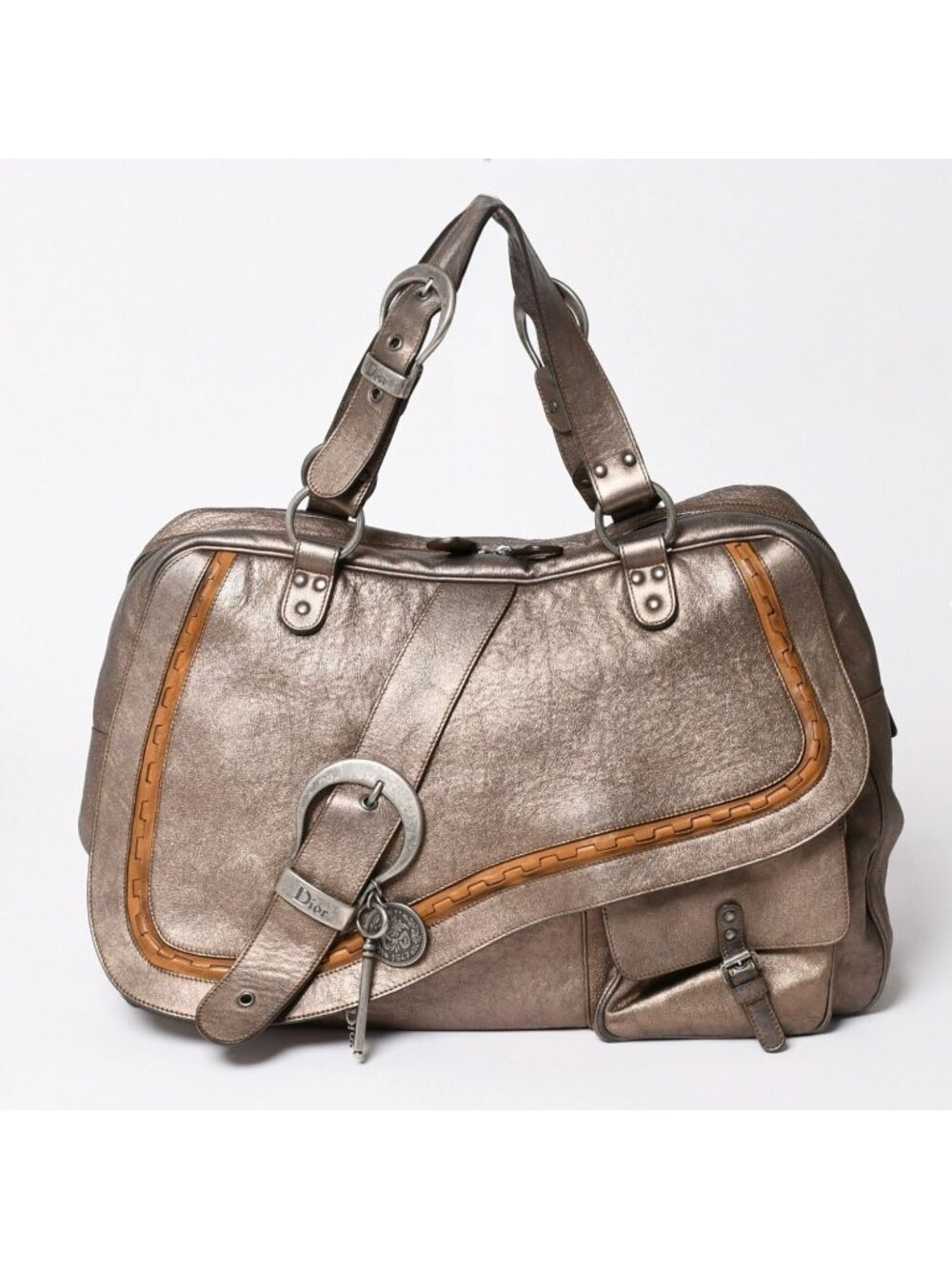 Dior Gaucho Saddle Handbag Galliano Era Leather Western Style Metallic Brown